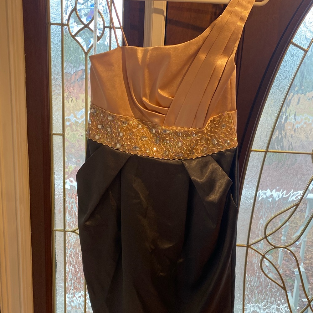 One-Shoulder Formal Dress with rhinestone embellishment and pockets